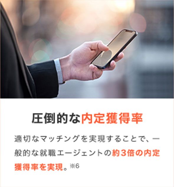 圧倒的な内定獲得率 適切なマッチングを実現することで、一般的な就職エージェントの約3倍の内定獲得率を実現。※6
