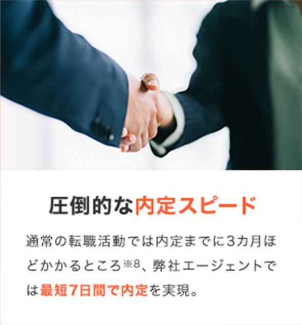 圧倒的な内定スピード 通常の転職活動では内定までに3カ月ほどかかるところ※8、弊社エージェントでは最短7日間で内定を実現。