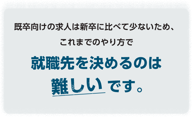 既卒向けの求人は新卒に比べて少ないため、これまでのやり方で就職先を決めるのは難しいです。